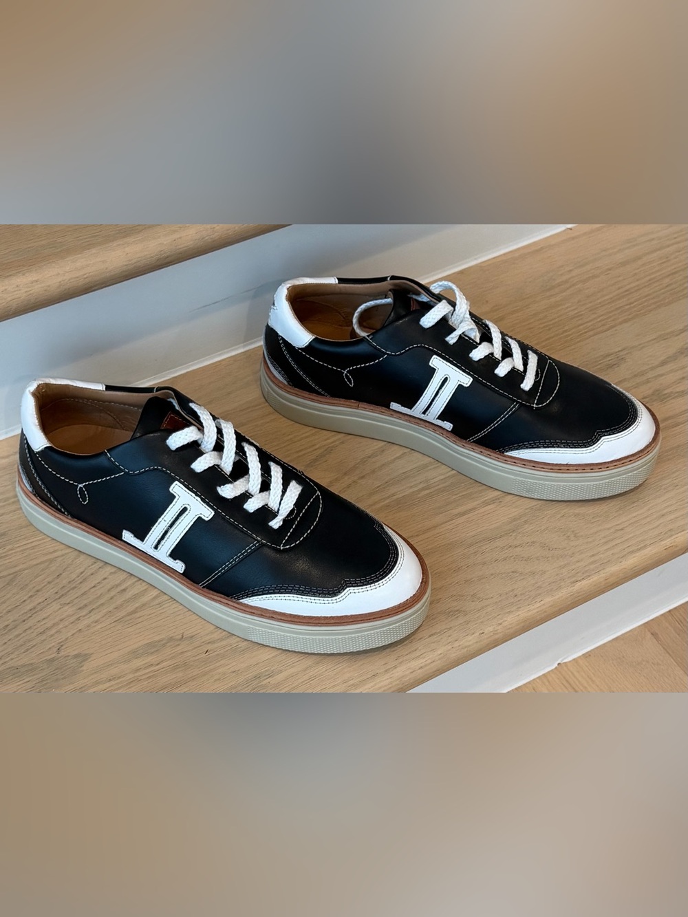 Womens Black and White Leather Sneakers - Casual Lace-Up
